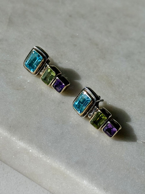 Blue Topaz, Peridot & Amethyst Sterling Silver Earrings