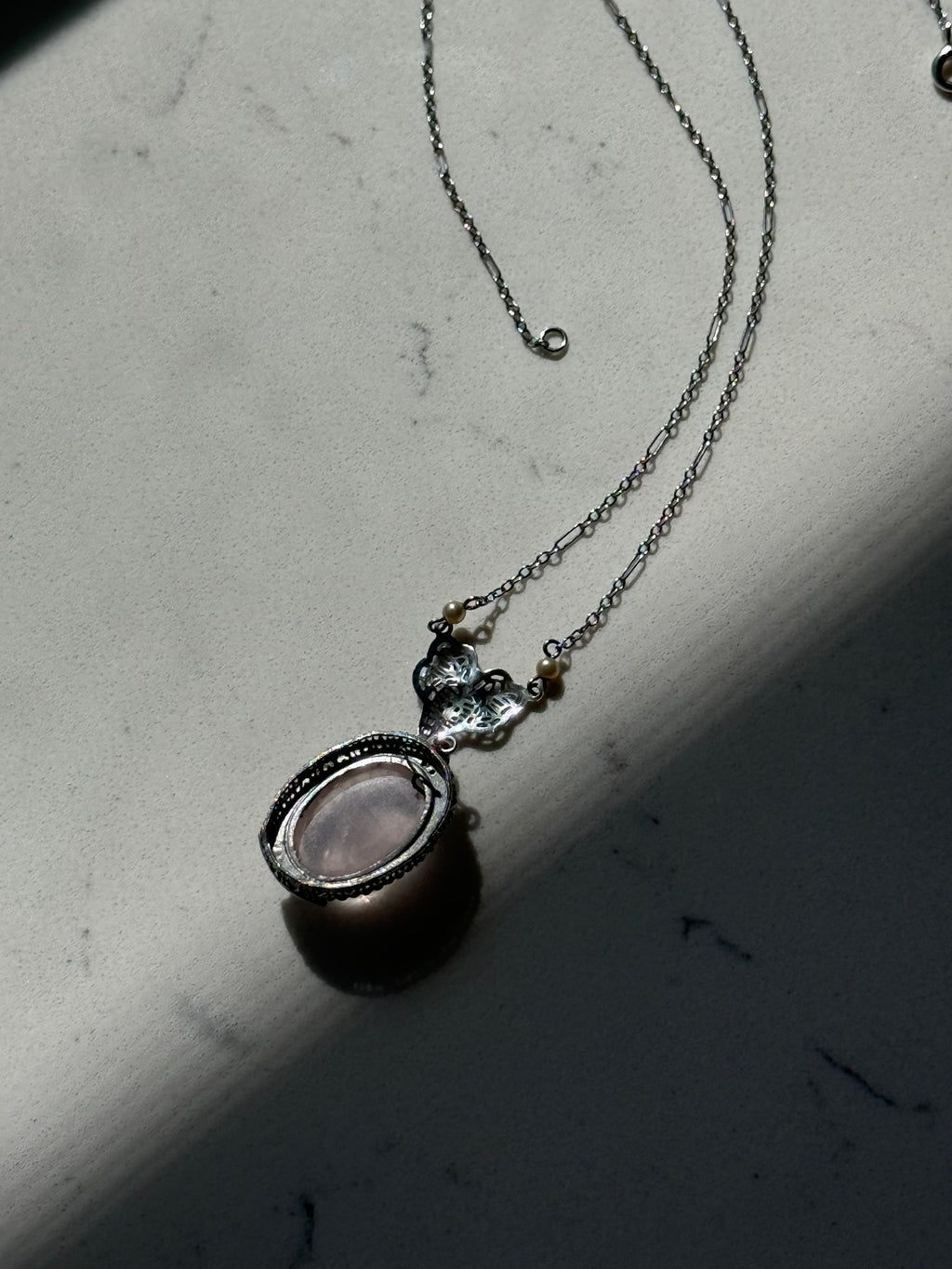 Vintage 1930s Rose Quartz Seed Pearl Enamel 10k White Gold Filigree Necklace 16”
