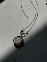 Load image into Gallery viewer, Vintage 1930s Rose Quartz Seed Pearl Enamel 10k White Gold Filigree Necklace 16”
