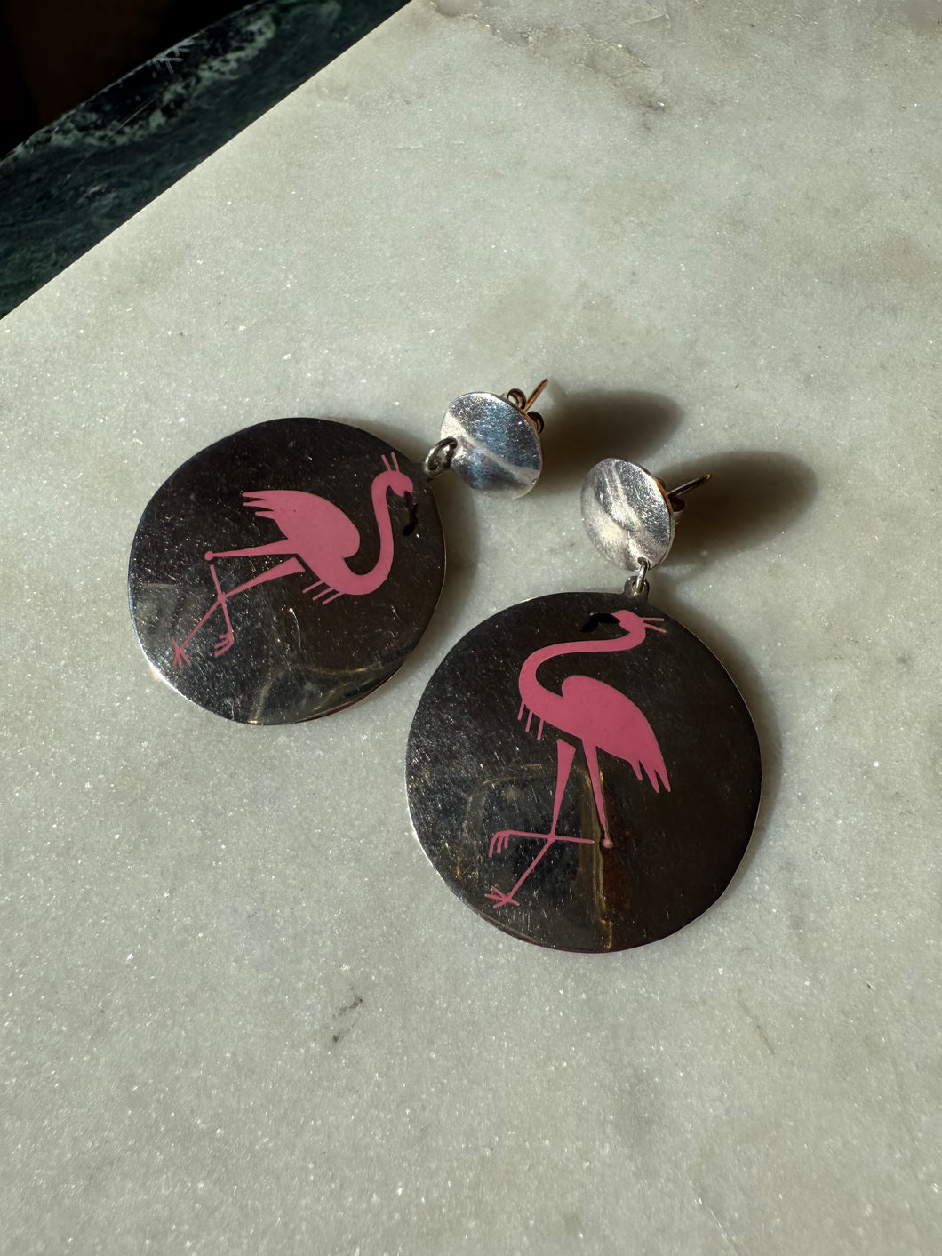 Vintage Pink Enamel Flamingo Sterling Silver Earrings