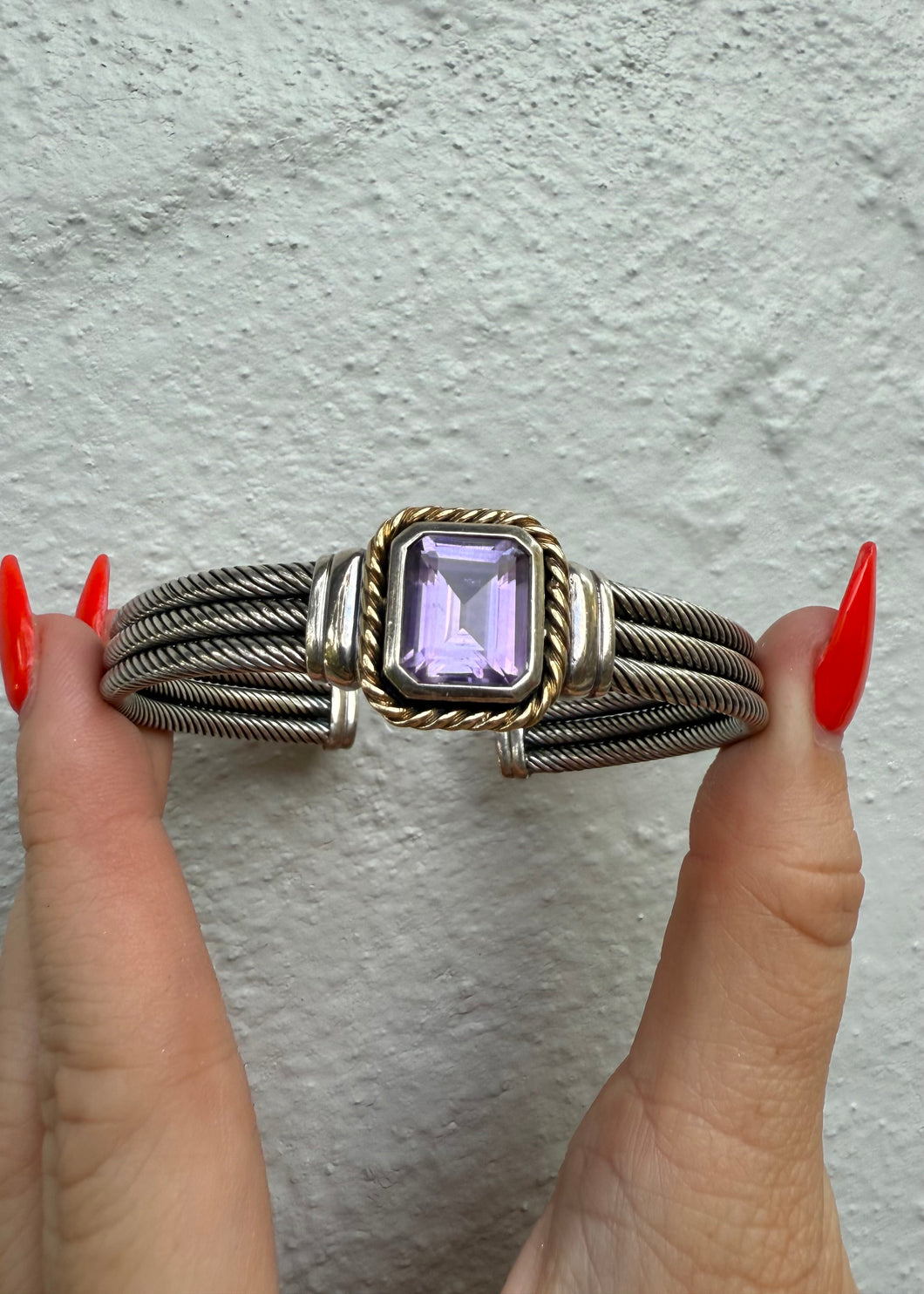Amethyst Sterling Silver 14k Gold Cable Cuff Bracelet