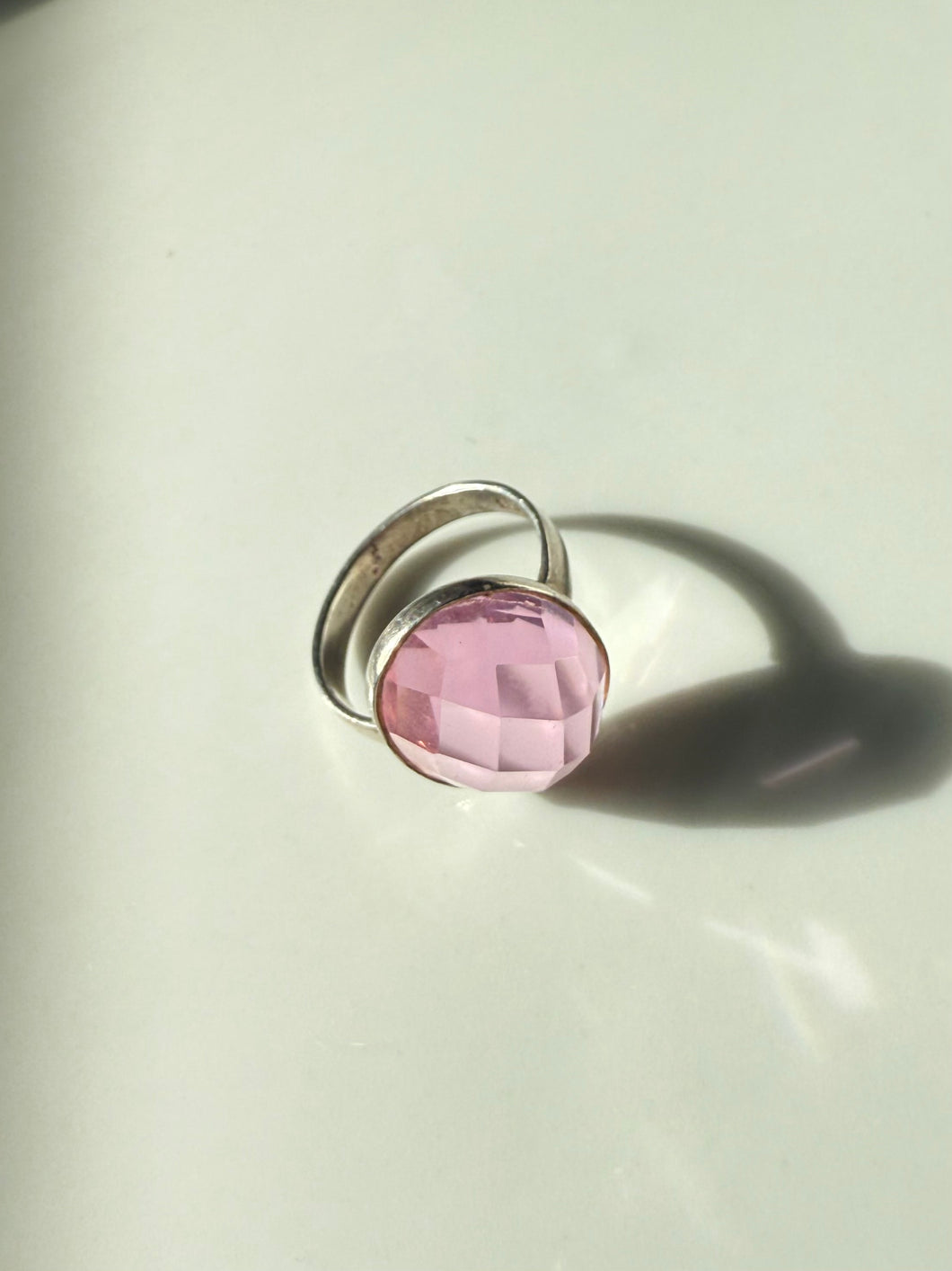 Faceted Pink Glass Sterling Silver Ring Size 7