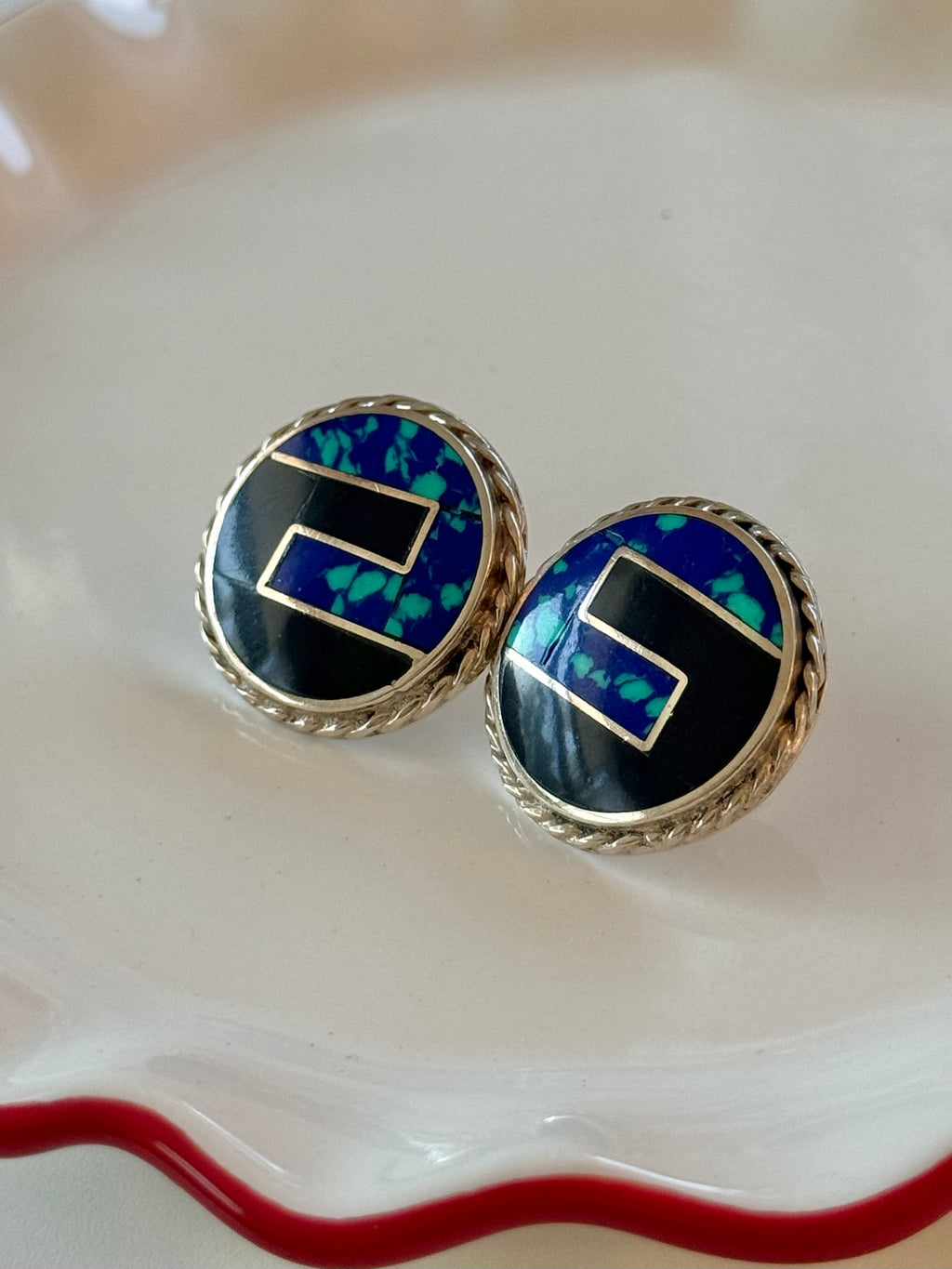 Vintage Azurite & Black Onyx Sterling Silver Earrings