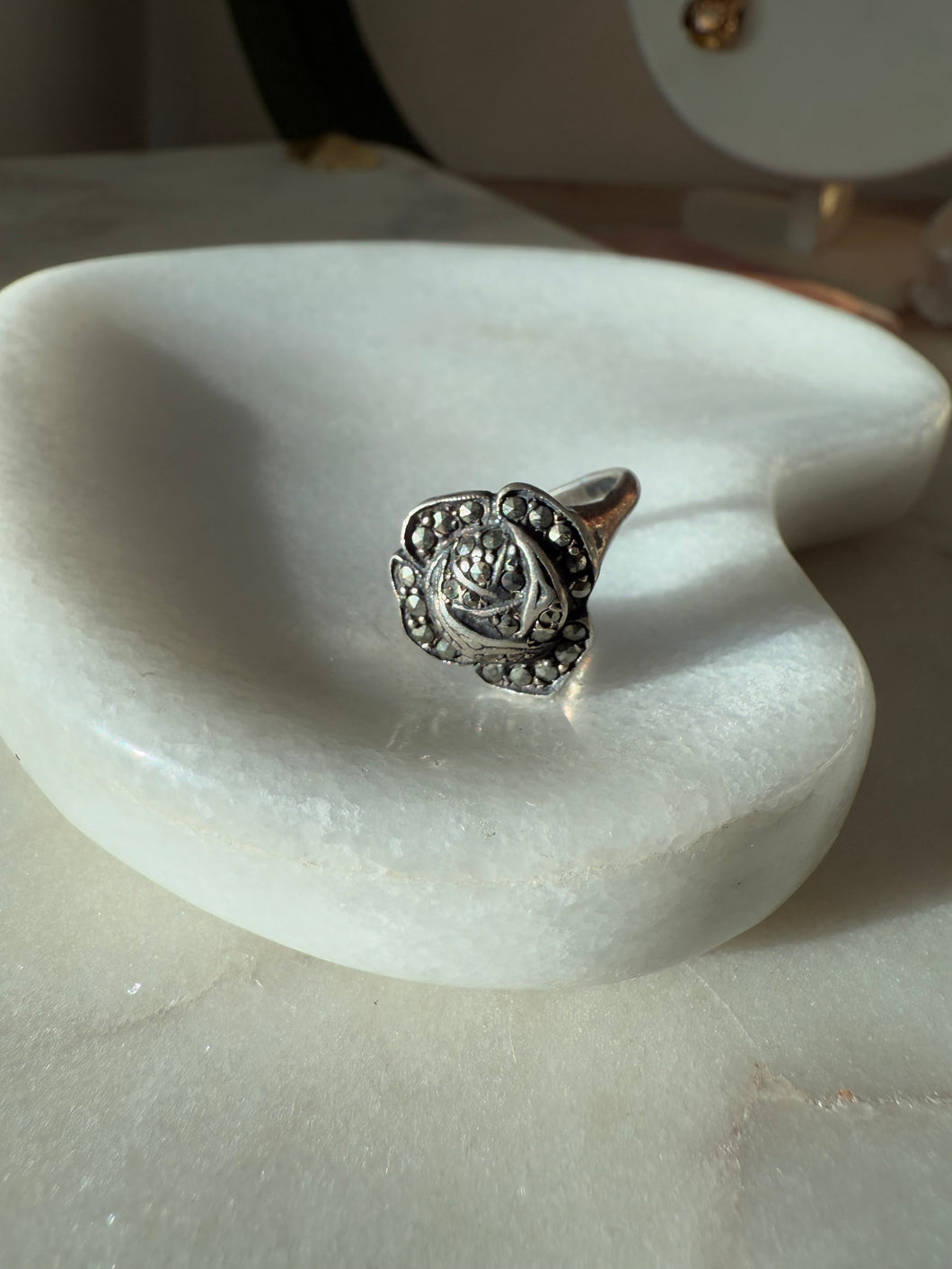 Marcasite Rose Sterling Virgin Mary Ring Size 5.5