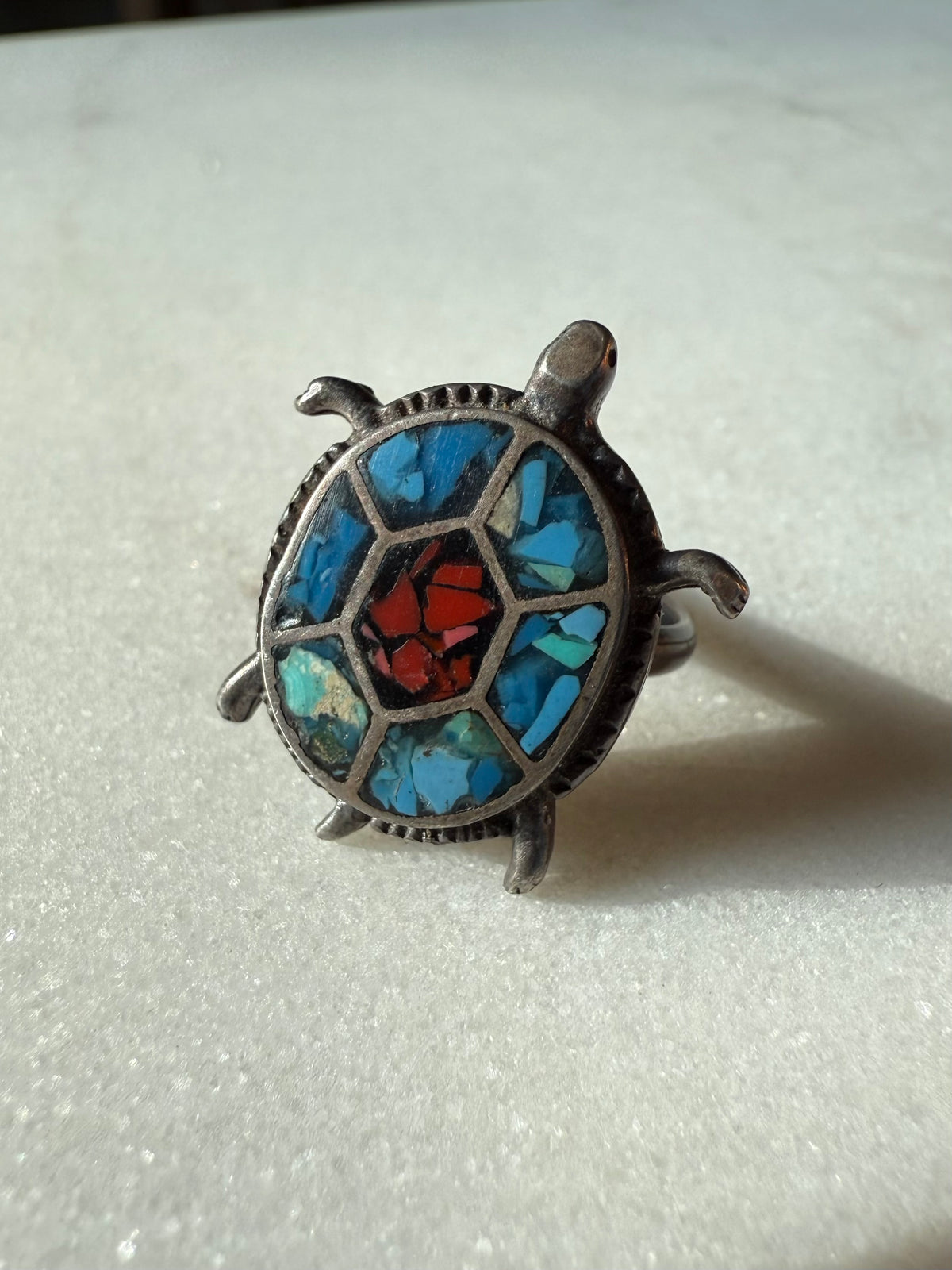 Crushed Turquoise & Coral Sterling Silver Turtle Ring Size 4