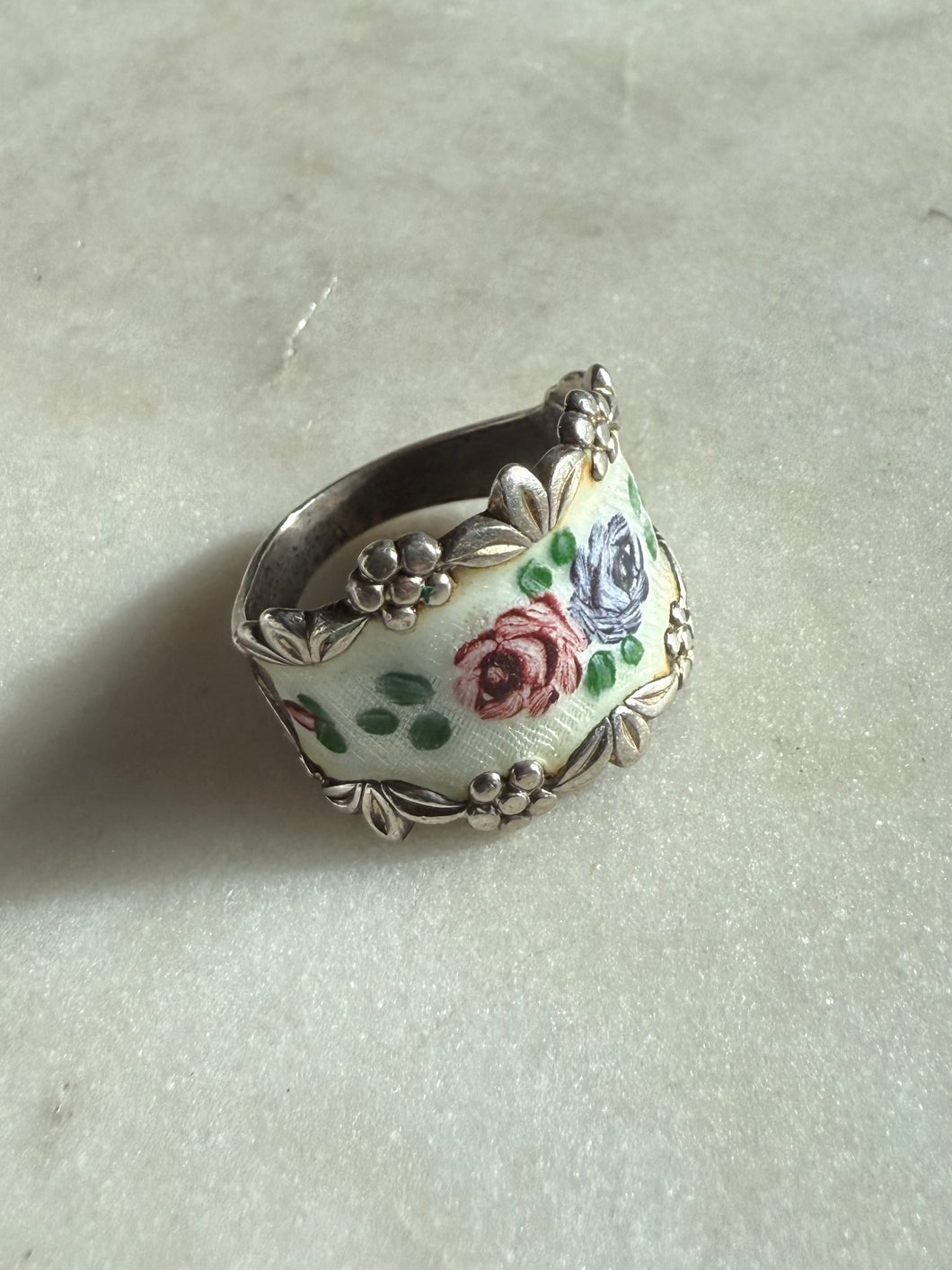 Floral Enamel Sterling Silver Ring Size 9.75