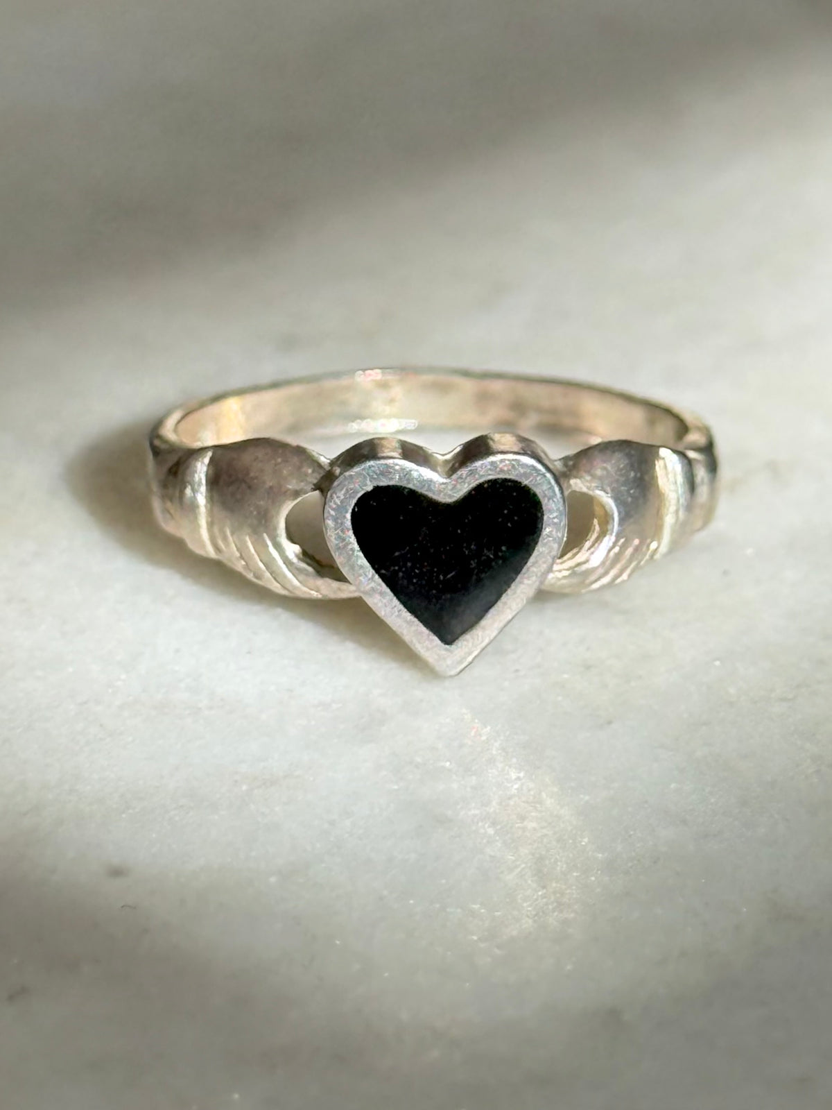 Black Enamel Heart Sterling Ring Size 7.5