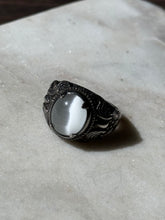 Load image into Gallery viewer, White Glass Cats Eye Sterling Silver Ring Size 8.75
