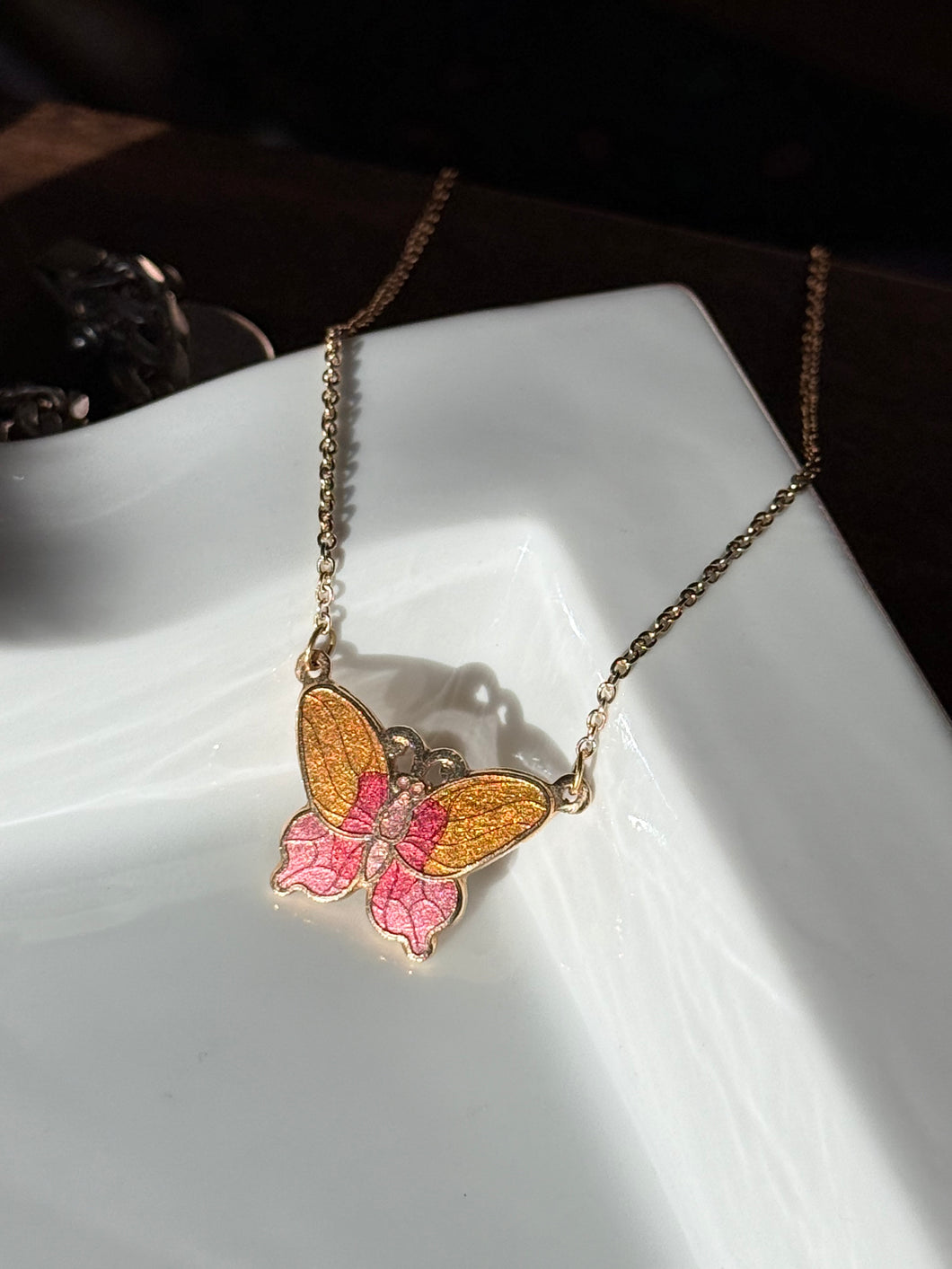 Vintage Orange Pink Cloisonné Enamel Gold Plated Butterfly Necklace 17”
