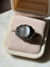 Load image into Gallery viewer, White Glass Cats Eye Sterling Silver Ring Size 8.75

