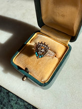 Load image into Gallery viewer, Rose Cut Diamond Seed Pearl Turquoise Victorian 10k Rosey Gold Ring Size 5.25
