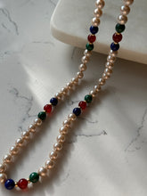 Load image into Gallery viewer, Vintage Malachite Carnelian Lapis Pearl 14k Gold Necklace 33”
