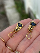 Load image into Gallery viewer, Solid 18k Gold Diamond &amp; Blue Sapphire Omega Back Earrings
