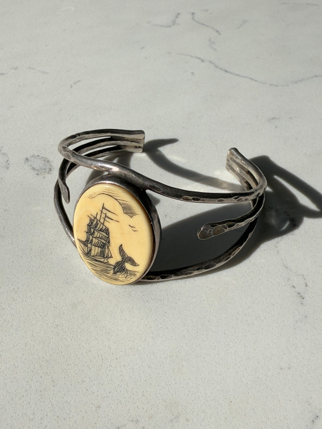 Scrimshaw Boat Sterling Silver Cuff Bracelet