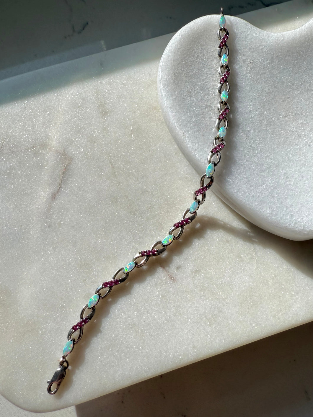 Simulated Opal & Synthetic Pink Sapphire Sterling Silver Bracelet 7.5”