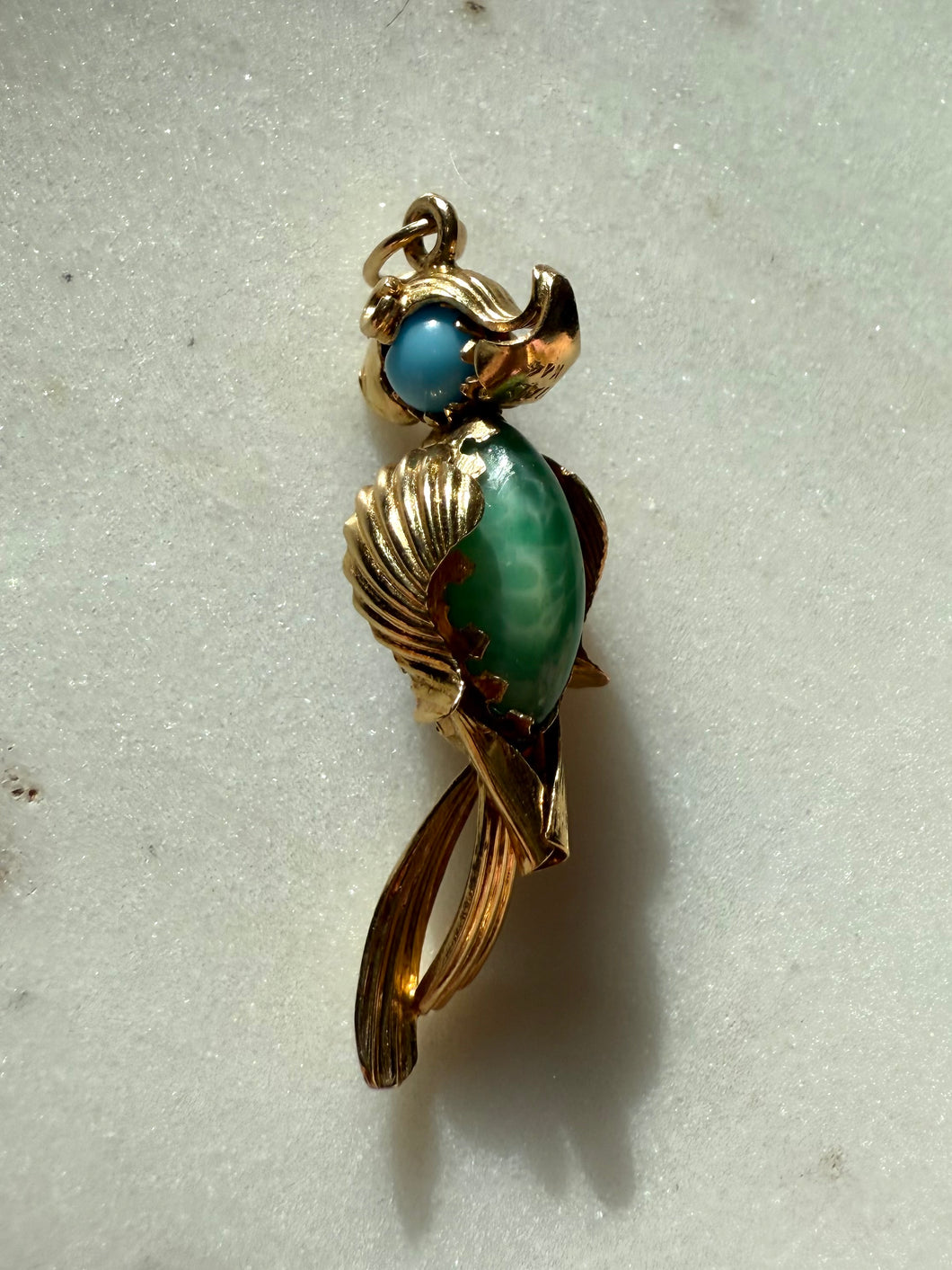Italian 14k Gold Parrot Jade Turquoise Carnelian Pendant