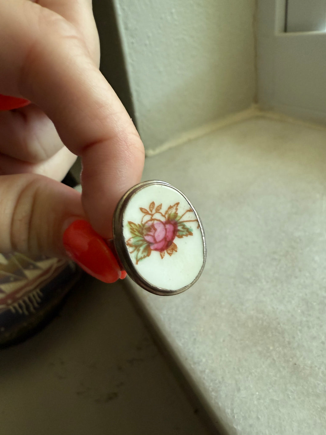 Sterling Pink Rose Tile Ring Size 6