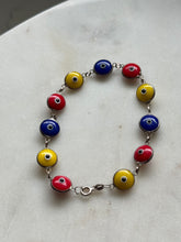 Load image into Gallery viewer, Blue Red Yellow Evil Eye Sterling Silver Bracelet 7.5”

