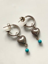 Load image into Gallery viewer, Turquoise Heart Vintage Sterling Silver Dangle Hoop Earrings
