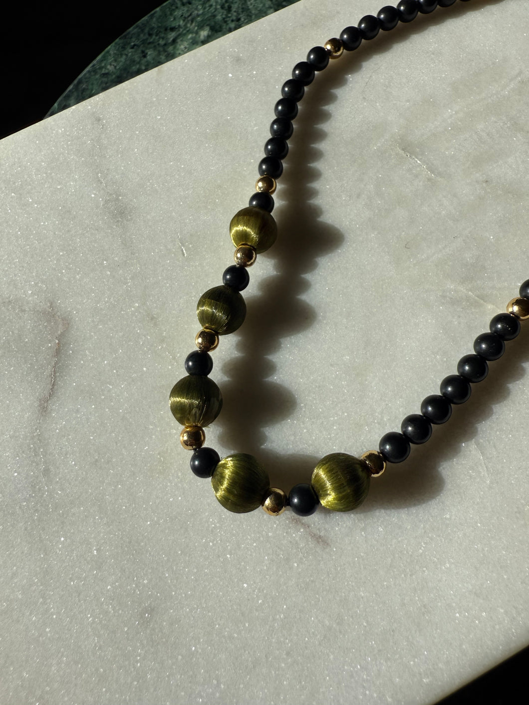 Vintage Gold Plated Black Bead Necklace 15”