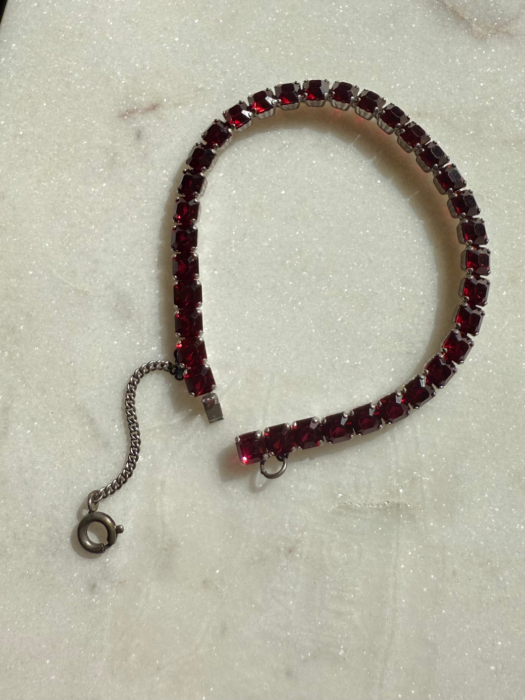 Vintage Red Gemstone Sterling Silver Tennis Bracelet 6.75”