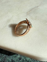 Load image into Gallery viewer, Rose Cut Diamond Seed Pearl Turquoise Victorian 10k Rosey Gold Ring Size 5.25
