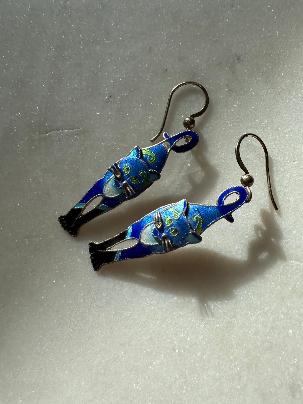 Blue Enamel Sterling Silver Cat Earrings