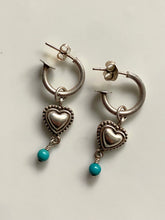 Load image into Gallery viewer, Turquoise Heart Vintage Sterling Silver Dangle Hoop Earrings
