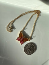 Load image into Gallery viewer, Vintage Orange Pink Cloisonné Enamel Gold Plated Butterfly Necklace 17”
