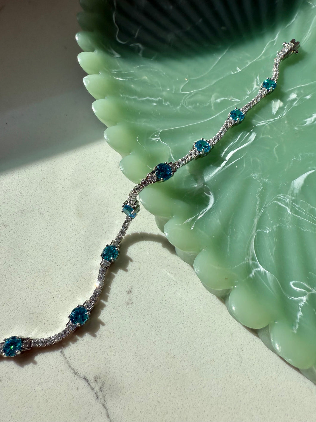 Blue Spinel & CZ Sterling Tennis Bracelet 7.5”