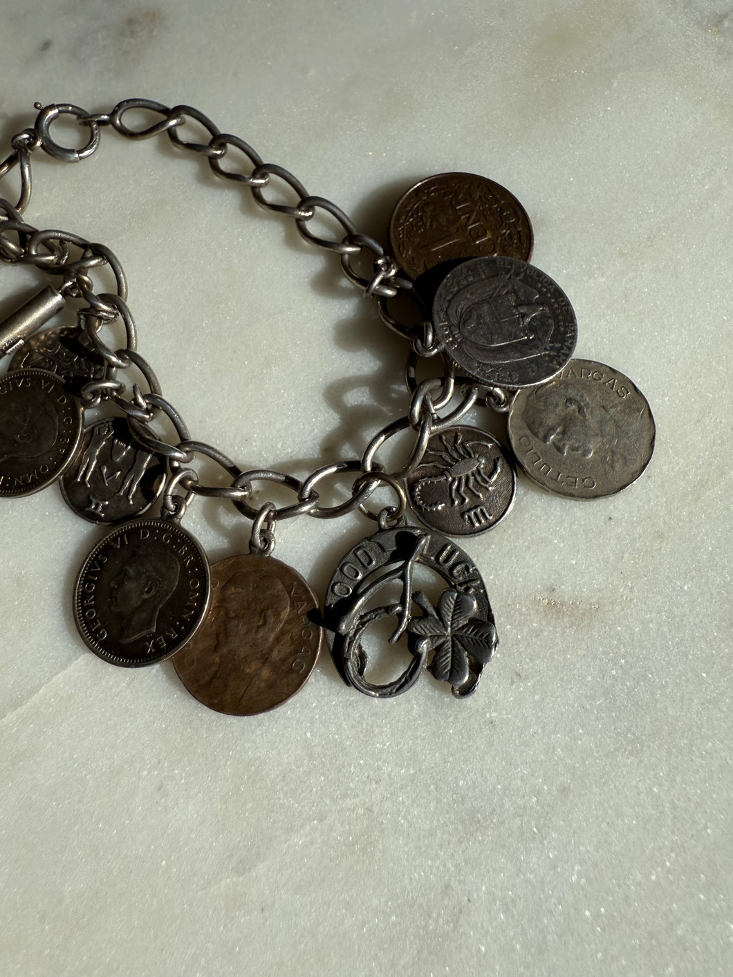 Vintage Coin Charm Sterling Silver Bracelet