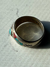 Load image into Gallery viewer, Crushed Turquoise &amp; Coral Inlay Sterling Ring 8.25
