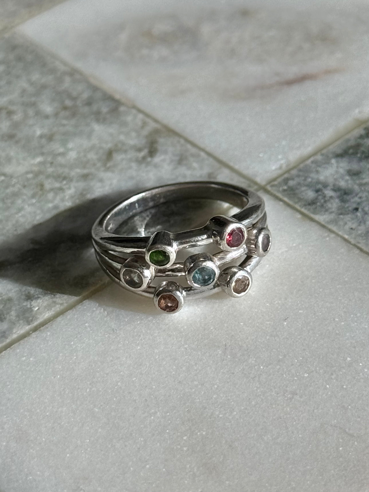 Multicolor Bezel Set Sterling Silver Ring Size 9