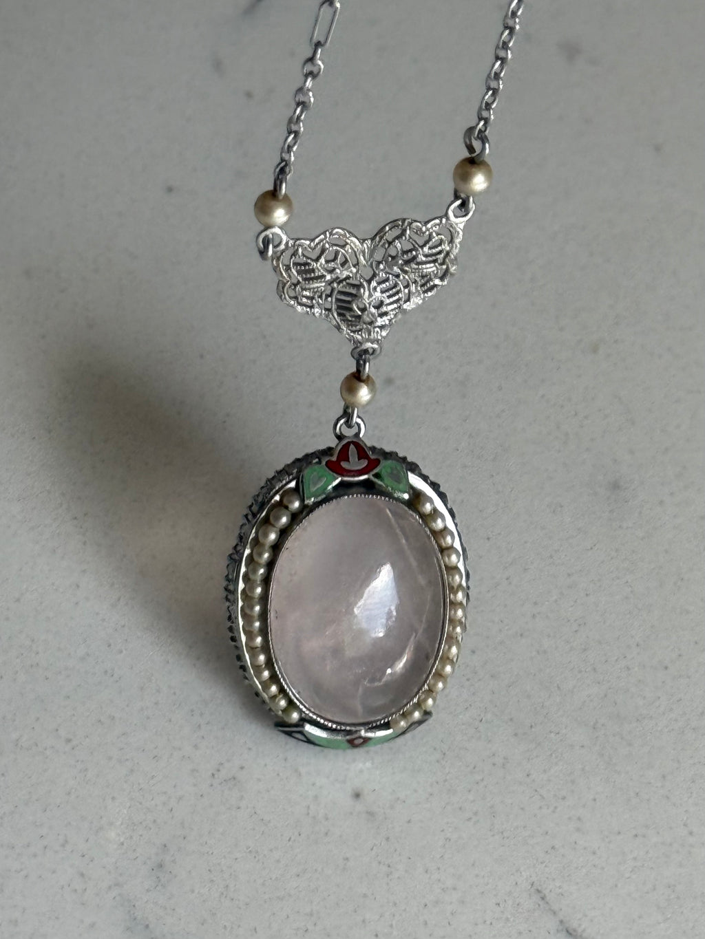 Vintage 1930s Rose Quartz Seed Pearl Enamel 10k White Gold Filigree Necklace 16”