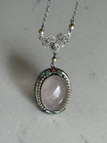 Vintage 1930s Rose Quartz Seed Pearl Enamel 10k White Gold Filigree Necklace 16”