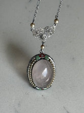 Load image into Gallery viewer, Vintage 1930s Rose Quartz Seed Pearl Enamel 10k White Gold Filigree Necklace 16”
