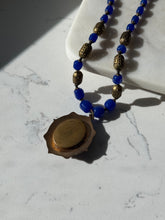 Load image into Gallery viewer, Victorian Czech Glass Bead &amp; Brass Filigree Enamel Portrait Locket Necklace 19”
