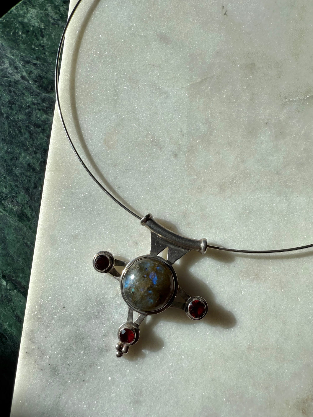 Labradorite & Garnet Sterling Silver Torque Necklace 18”