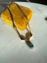 Load image into Gallery viewer, Italian 14k Yellow Gold Cuban Link Pear Cut Emerald &amp; Diamond Halo Drop Necklace
