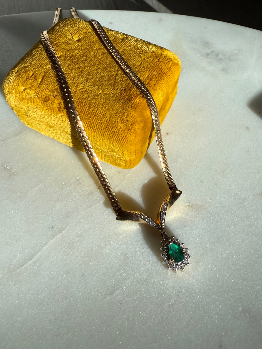 Italian 14k Yellow Gold Cuban Link Pear Cut Emerald & Diamond Halo Drop Necklace