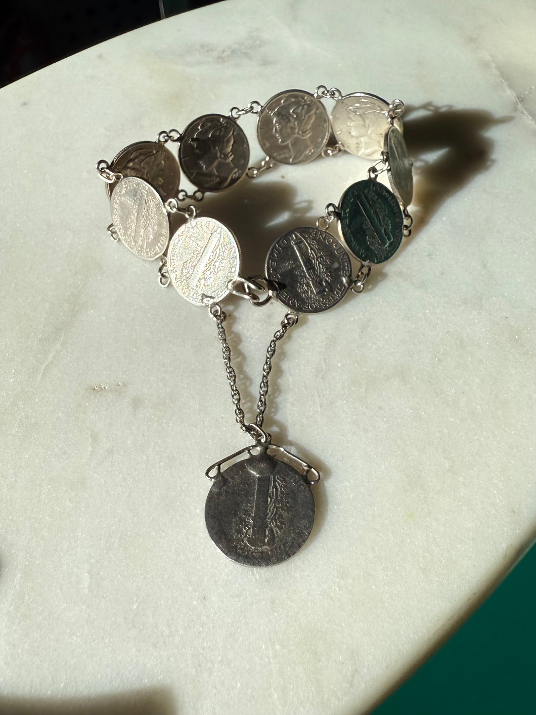 Vintage 1930s-1940s Sterling Silver Coin Bracelet 7”
