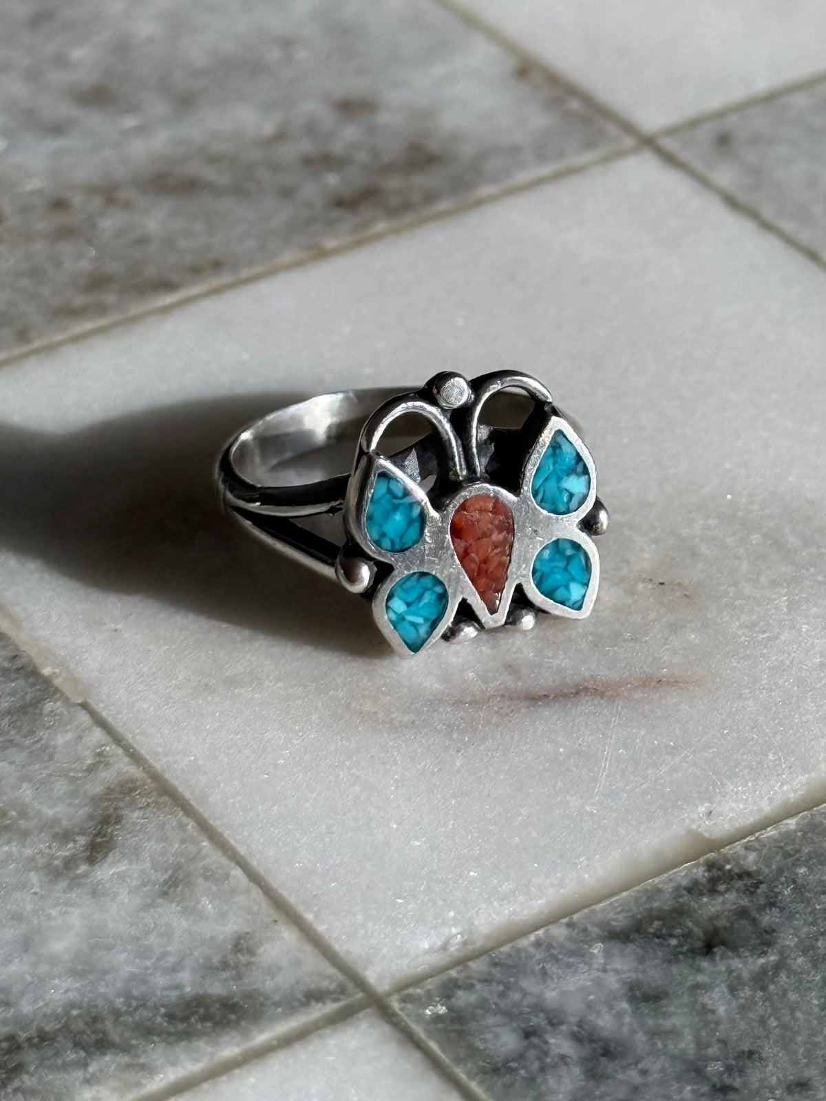 Crushed Coral & Turquoise Sterling Silver Butterfly Ring Size 7.75