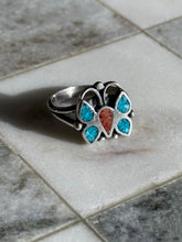 Load image into Gallery viewer, Crushed Coral &amp; Turquoise Sterling Silver Butterfly Ring Size 7.75
