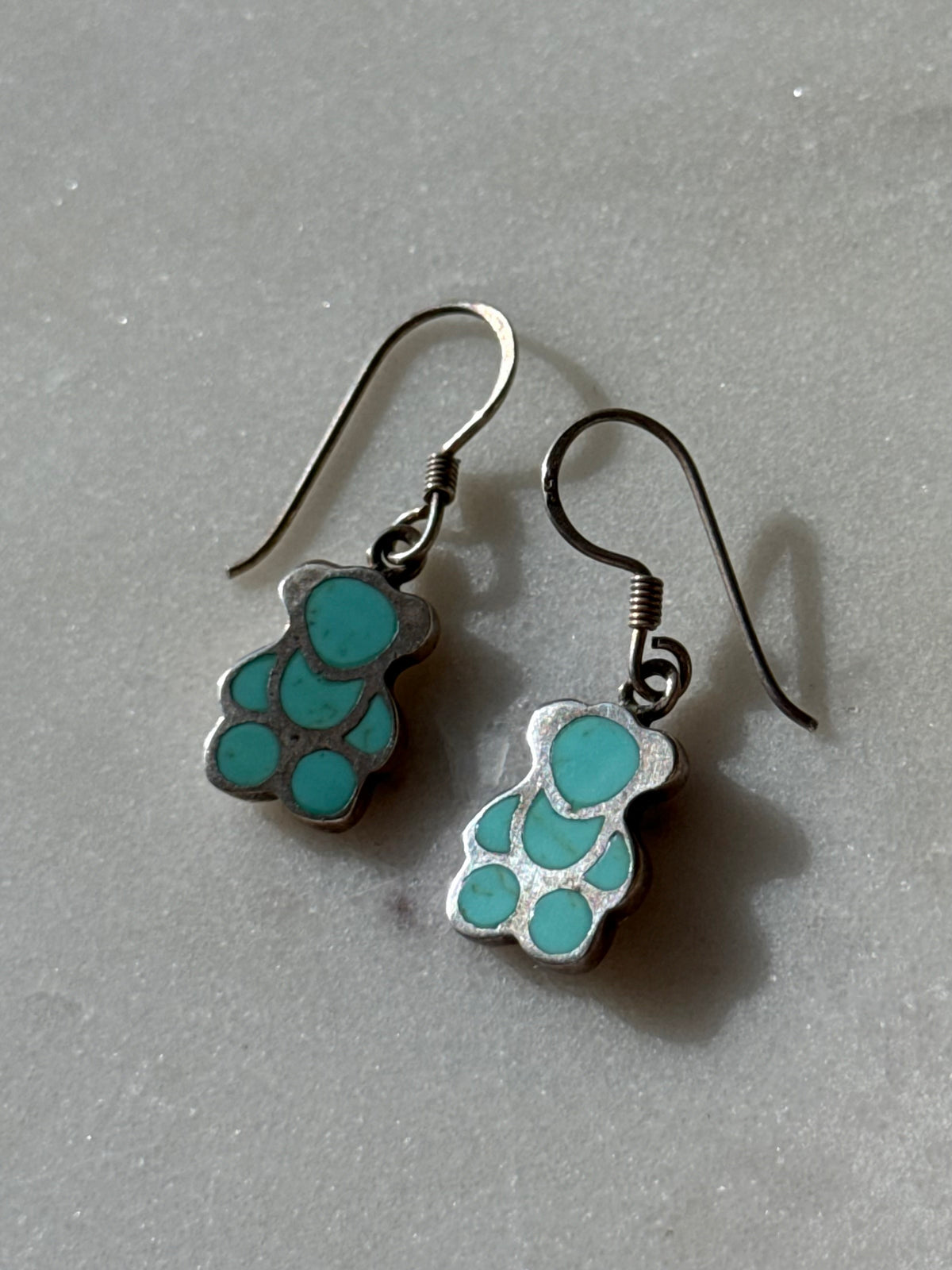 Vintage Turquoise Inlay Sterling Silver Teddy Bear Earrings