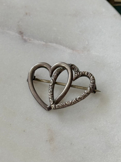 Antique Double Heart Sterling Brooch