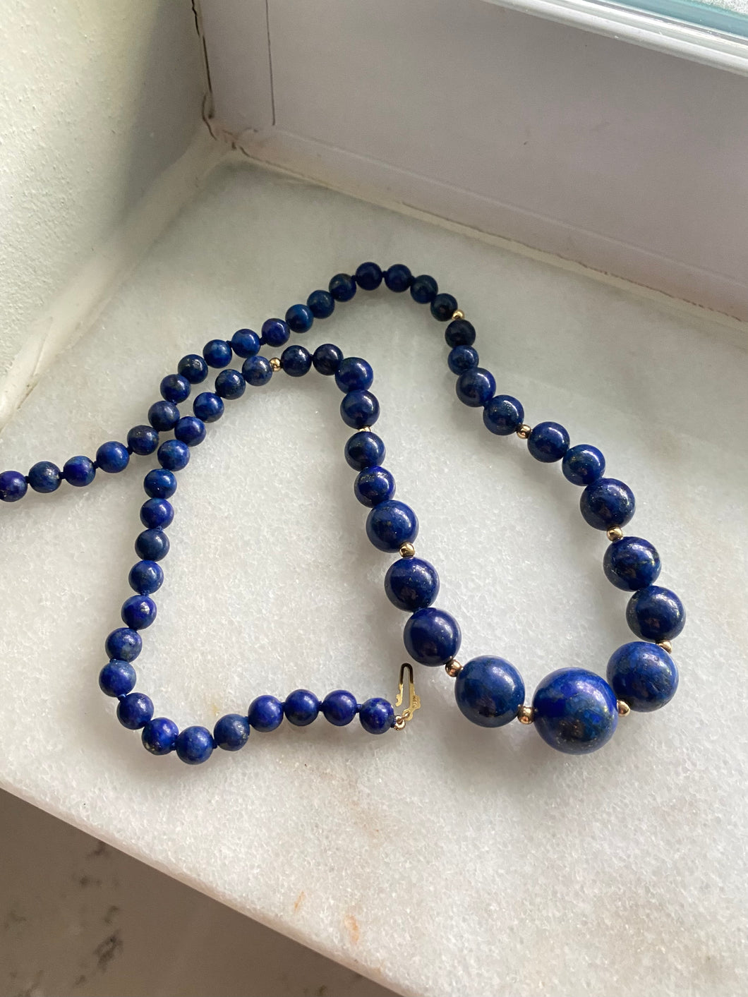 Lapis Beaded Strand 14k Yellow Gold Necklace