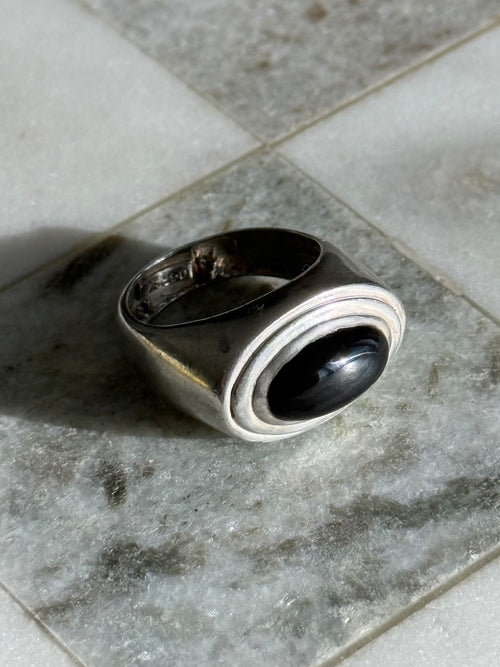 Black Onyx 950 Silver Ribbed Ring Size 10