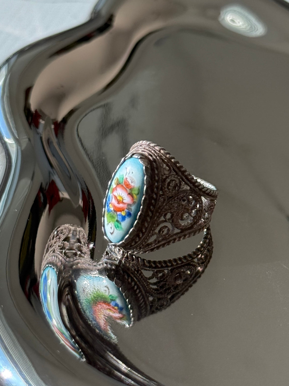 Russian Porcelain Painted Enamel Sterling Ring Size 5.75