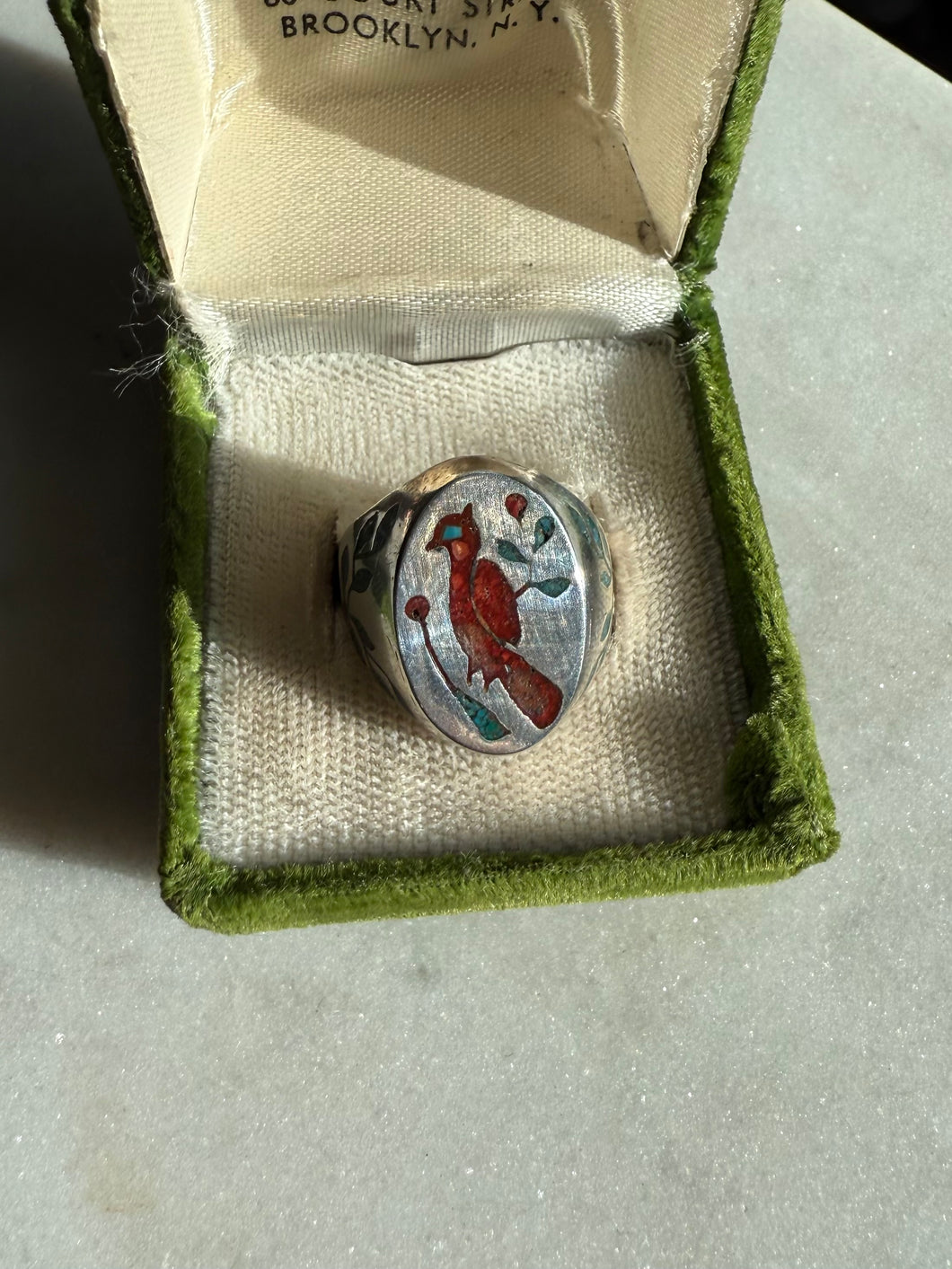Red Cardinal Sterling Silver Inlay Signet Ring Size 7.75