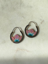 Load image into Gallery viewer, 1970s Pink Enamel Flower Sterling Silver Hoop Earrings
